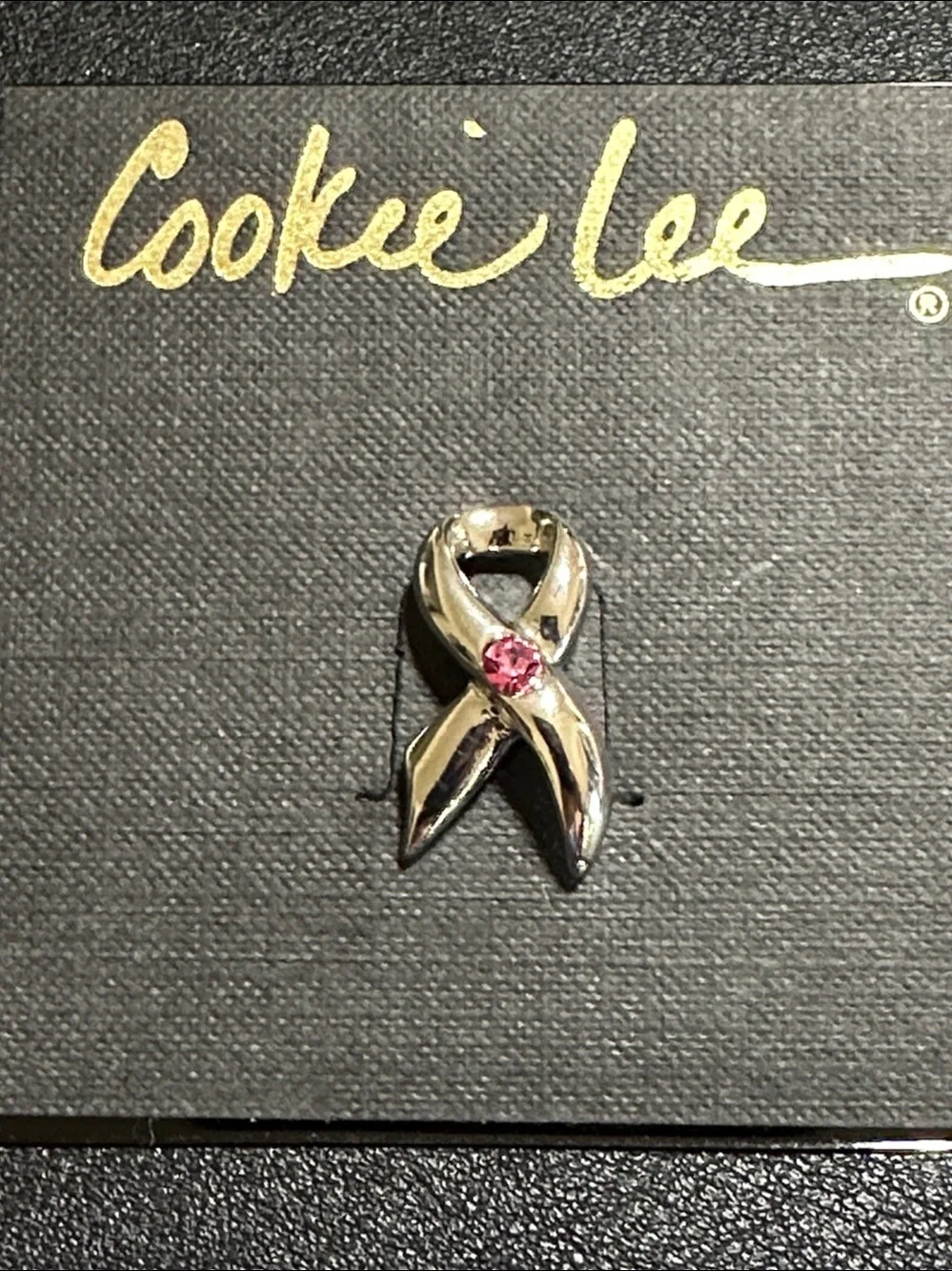 Cookie Lee Silver Tone Ribbon Pink Crystal Lapel Tie Tack